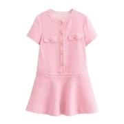 LOVZFMLL Dresses Women Summer Round Neck Short Sleeves Solid Button Loose-line Dress