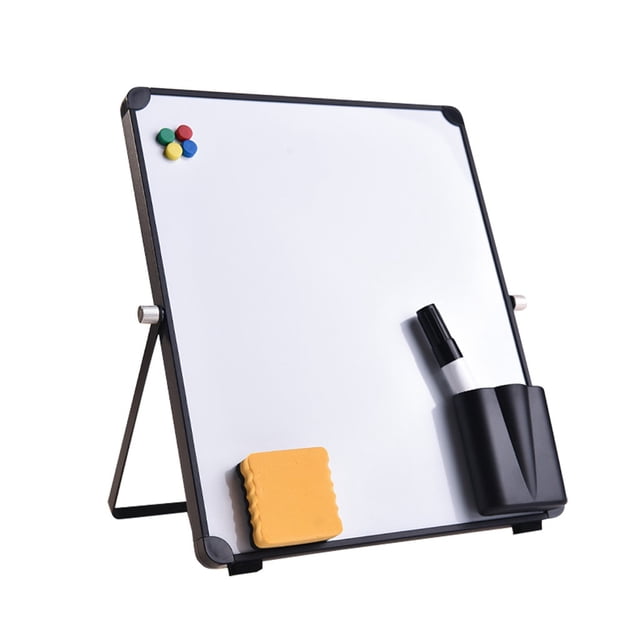 EGNMCR erasable whiteboard magnetic desktop whiteboard with a scratch-resistant aluminum frame and rounded nylon corners. The board measures 30 cm and is displayed at an adjustable angle on a desk using a built-in easel stand. Includes a black marker, pen holder, yellow eraser, and four colourful magnets. Suitable for teacher supplies, office, home, or classroom use.