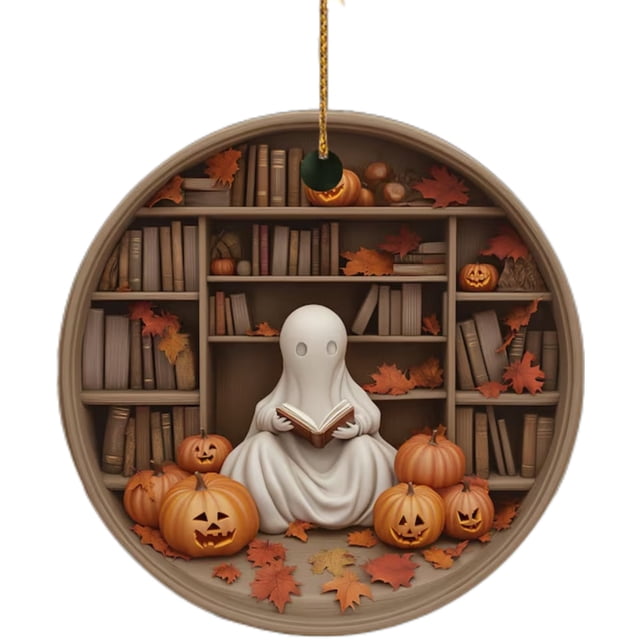 Halloween Decorations Ohufall Round Christmas Decorations featuring a ceramic ornament with a ghost reading a book, surrounded by carved pumpkins, autumn leaves, and a bookshelf backdrop. The lightweight ornament includes a lanyard for easy hanging, ideal for Halloween or holiday tree displays.