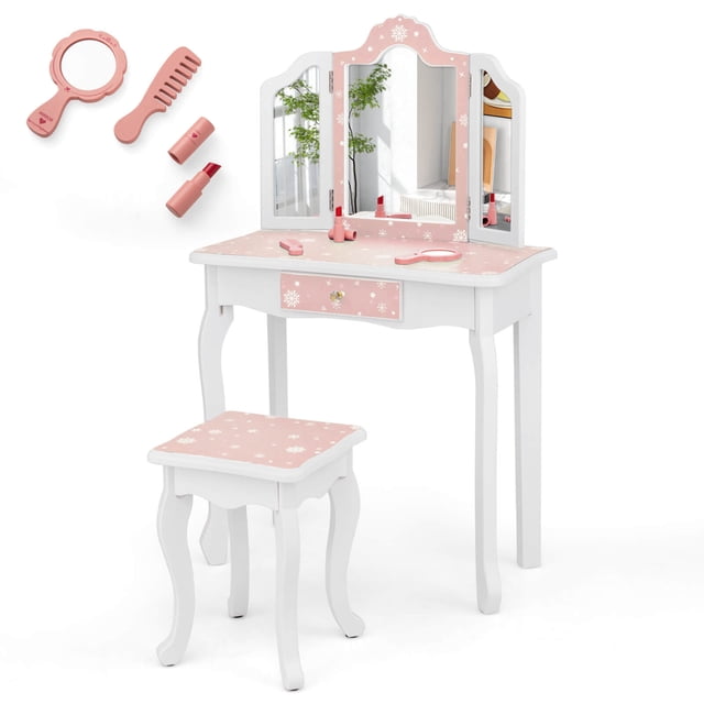 Costway Kids Vanity Set Toddler Makeup Table & Stool with Tri-folding Mirror Drawer Pink. This pink and white vanity table features zebra print accents, a tri-folding acrylic mirror, and a matching stool. Included accessories are a hand mirror, comb, and pretend lipstick. The table has curved legs, a storage drawer, and a detachable mirror for use as a writing desk. Ideal for kids aged 3-7 years, it offers a safe and sturdy design with anti-slip foot pads and an anti-toppling device. Perfect for pretend play or as kids' furniture.