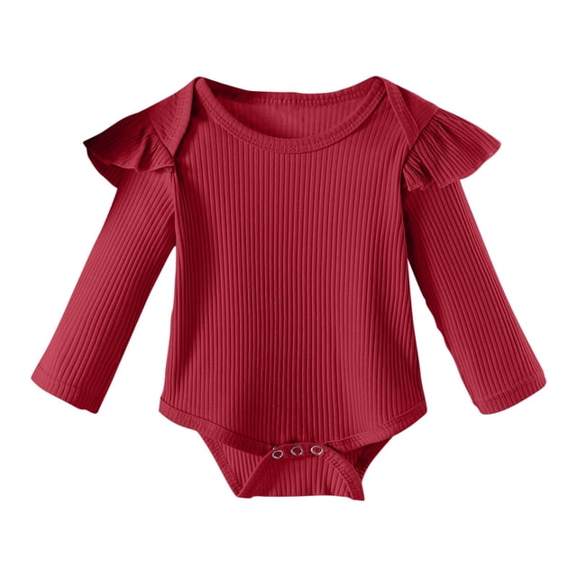 UAMVSH Baby Boy Girl Long Sleeve Ruffle Romper Bodysuits Ribbed Knitted Jumpsuit Clothes Soft Spring Fall Infant Clothes(12-18 Months,Red)