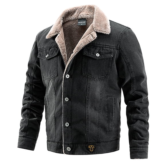 IROINNID Mens Denim Jacket On Sale Loose Winter Mid-length Lamb Velvet Jacket Plus Velvet Warm Coat,Black