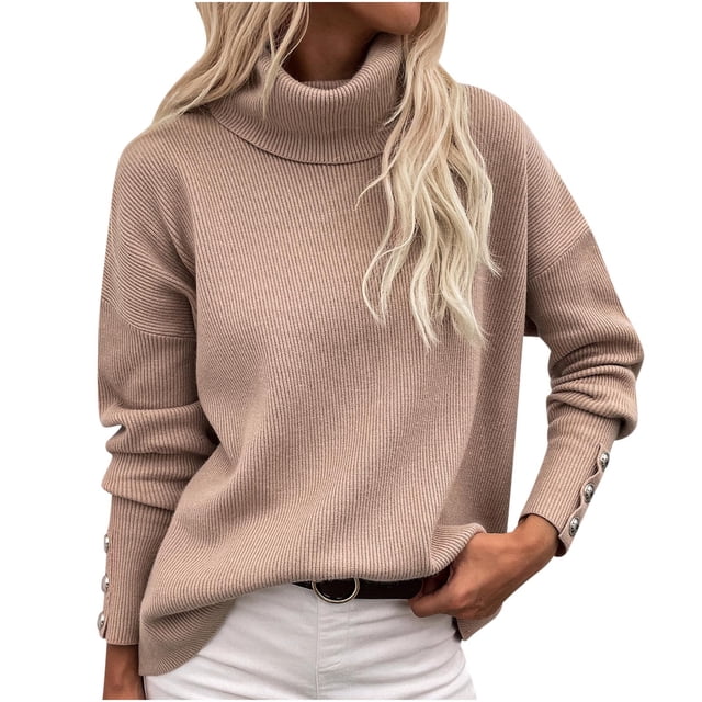 Yuyuzo Womens Sweater Long Sleeve Pullover Turtleneck Tops with Button Cuff Winter Fall Casual Solid Color Sweaters