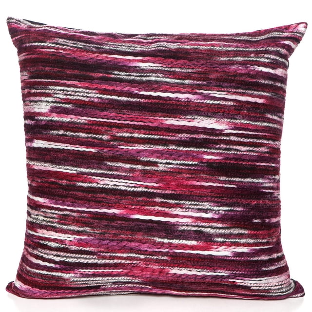 Gouchee Home Rainbow Cushion front view of a square 18 by 18 inch throw pillow with multicolored ribbed fabric in horizontal stripes of purple, red, pink, and white. Filled with 100% down feathers and featuring a zipper closure for easy shell removal, suitable for decorative home décor.