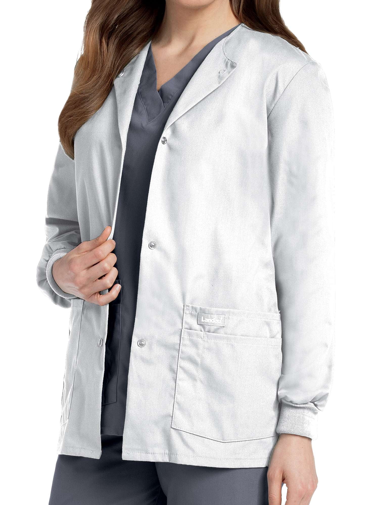 Landau Veste d'Uniforme Médicale pour Femme, Haut de Gamme, à Boutons-Pression, Col Ras du Cou, 4 Poches, Réchauffement, Blanc, Moyen