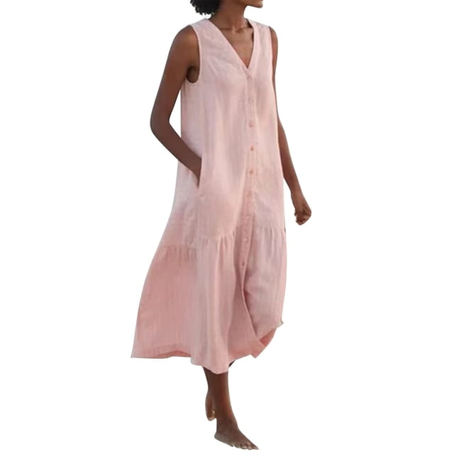 Robes Roses pour Femmes Couleur Unie Sans Manches Robe Douce Grande Taille Col en V Coupe Ample Tendance Vacances Robe Décontractée Maxi Mode Robe Quotidienne Gilet Bretelles Lin et Coton Robe Froncée avec Poche, TTG