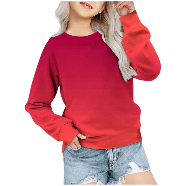 MIASHUI Girls Sweatshirt Tops Gradient Printed Crewneck Casual Pullovers,Red,10-11 Years