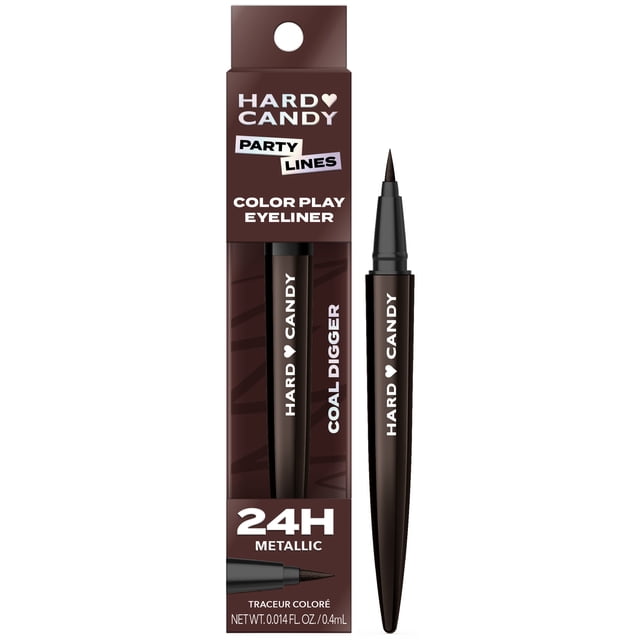 Hard Candy Color Liquid Eyeliner w/ Lash Boost Serum in metallic brown 'Coal Digger' shade with a fine-tip brush for precise application, shown with packaging highlighting 24-hour smudge-proof wear and brand name on the pen, suitable for creating bold or subtle eye looks.