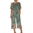 thumbnail image 4 of PEZHADA Ensembles 2 Pcs pour Femmes Ensembles Assortis de Détente Deux Pièces Pantalons en Lin Col Ras du Cou Manches Courtes Hauts Vêtements de Détente Pyjamas Vêtements Tendance Ensemble de Vacances d'Été Vert Armée, 4 of 6