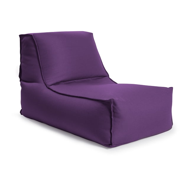 Gouchee Home Alpine Purple Bean Bag Lounger in water-repellent olefin fabric with high-density polystyrene bead filling, measuring 25 by 38 by 25 inches, shown in a front-left 3/4 view on white background, designed for kids' indoor and outdoor seating and suitable for poolside or balcony use.