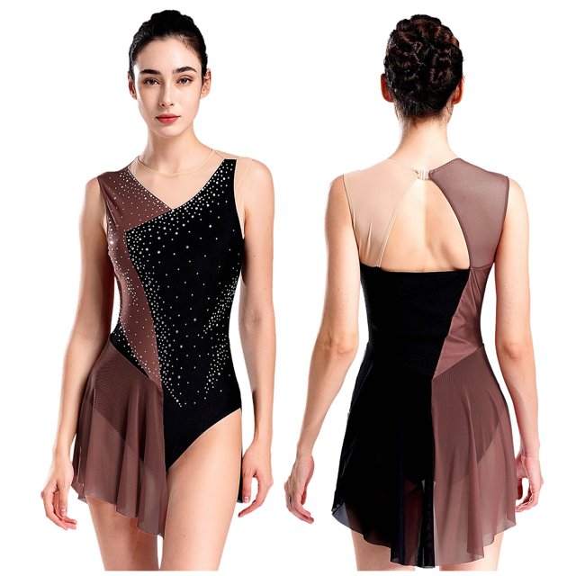 TiaoBug Womens Sparkly Rhinestones Dress Gymnastics Leotards Sleeveless Sheer Mesh Patchwork Skirted Leotard Dusty Pink M