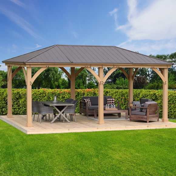 Yardistry 12' x 20' Meridian Gazebo – Premium Cedar Wood Structure with Coffee Brown Aluminum Roof, 6" x 6" Posts, and Pre-Stained Natural Finish