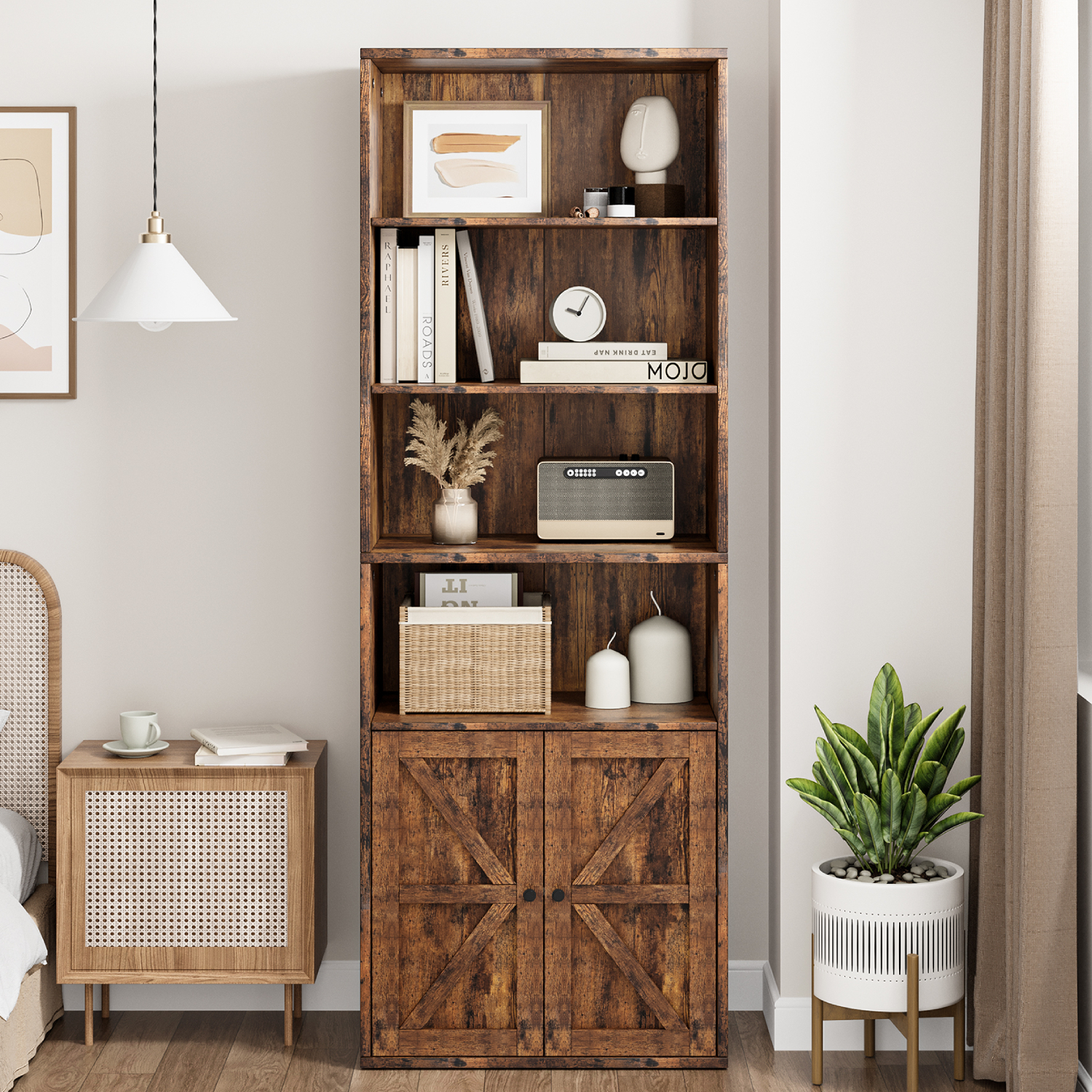 Aoile 71.4" Tall Bookcase with Doors, Farmhouse Book Shelf W/6 Shelf Display Storage for Home Office, Living Room, Brown