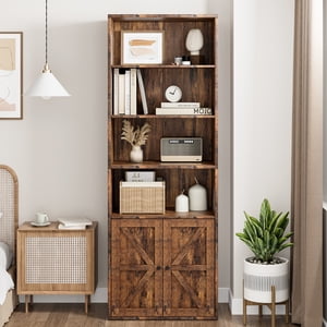 Aoile 71.4" Grande bibliothèque avec portes, étagère de livre de ferme W/6 Stockage d'affichage de plateau pour le bureau à domicile, salon, Brown