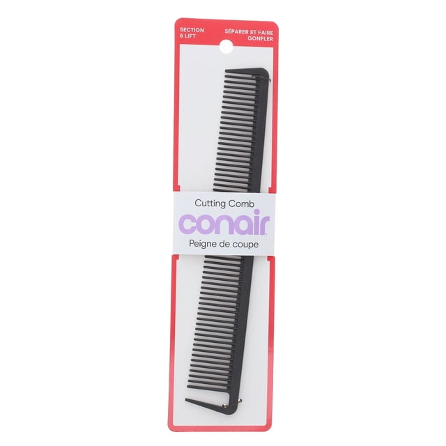 Scunci Peigne de Coupe Antistatique Noir avec Dents Fines et Larges pour Sectionner et Rehausser les Cheveux, Affiché sur l'Emballage Conair avec Texte Bilingue Anglais et Français, Convient au Coiffage et à la Réduction de l'Électricité Statique dans Tous les types de Cheveux.