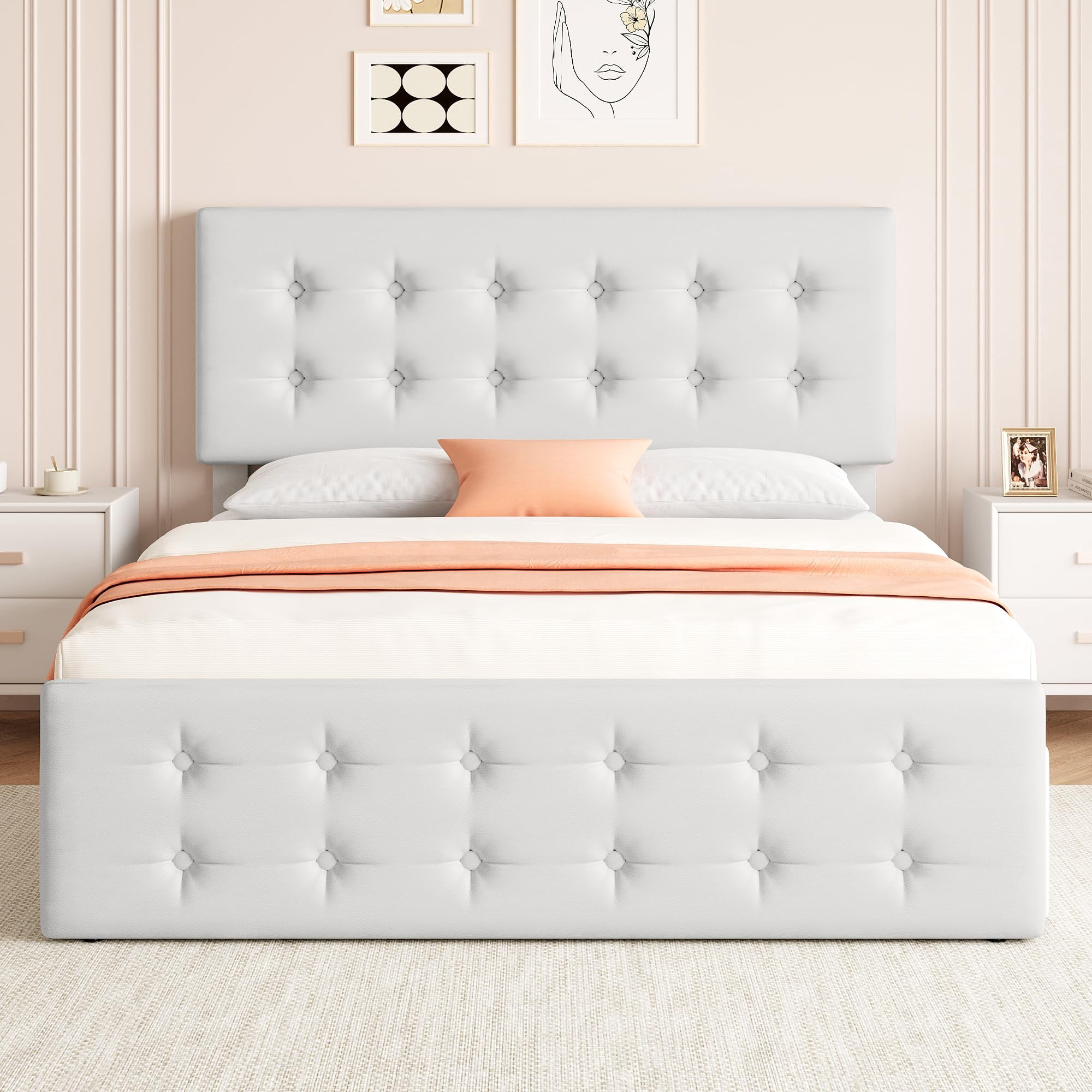 Platform Bed Frame with 4 Storage Drawers and Button Tufted Headboard, Easy Assembly Wooden Slats Support Bed Frame for Bedroom, No Box Spring Needed