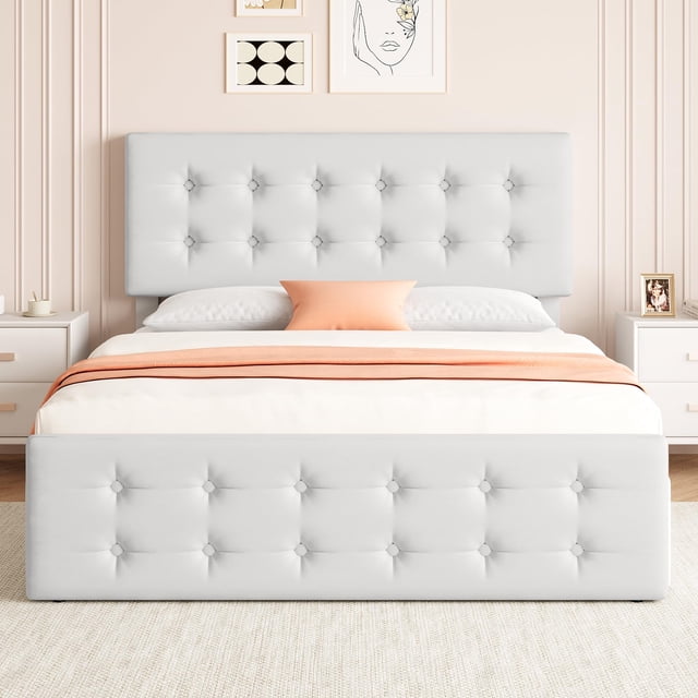 Bed Frame with 4 Storage Drawers and Adjustable Headboard, Upholstered Mattress Foundation with Skin-Frienly Linen, No Box Spring Needed