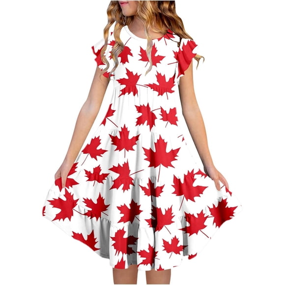 Girl Dress Child Toddler Girls Canada Day Maple Leaf Flag Print Flutter Sleeve Floral Dress Robe Ado Fille White 14 Years-15 Years