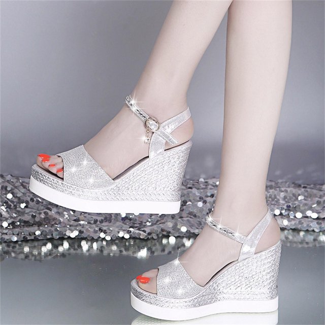 LSLJS Summer Ladies Shoes Fish Mouth Medium Wedge Heel Metal Buckle Women's Sandals