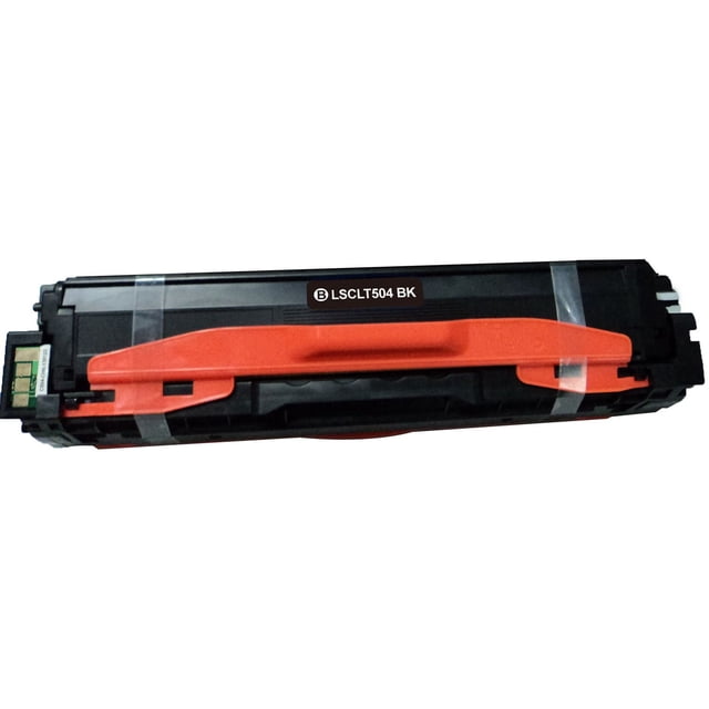 L-ink Compatible Samsung CLT-K504S Black Toner Cartridge featuring a black plastic body with an orange handle secured by clear tape, equipped with a chip for printer compatibility, ideal for laser printing and high-yield use.