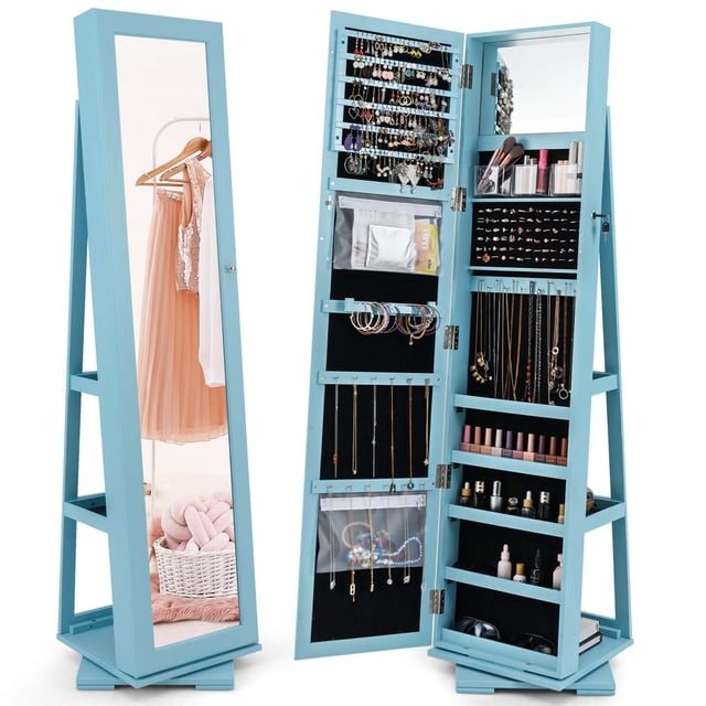 Costway Armoire à Bijoux Rotative à 360° Armoire 2-en-1 Verrouillable Bleu Miroir avec Conception Autoportante, Miroir Pleine Longueur et Capacité de Rangement Ultra Grande. Comprend 120 Fentes pour Boucles d'Oreilles, 54 Trous pour Boucles d'Oreilles, 78 Fentes pour Bagues, 24 Crochets pour Colliers, Barre pour Bracelets, Supports de Rangement, Poches Antipoussière et Boîtes en Acrylique. Fabriquée en MDF P2 durable avec Doublure en Velours pour Protéger les Bijoux. base Rotative pour un Accès Facile, Verrouillable pour la Sécurité et Convient comme Organisateur de Bijoux Ou Armoire de