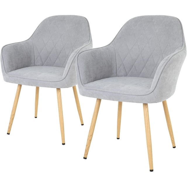 FDW Metal PU Leather Dining Chair Set, Gray (Set of 2). This set includes two modern dining chairs upholstered in smooth gray PU leather with a diamond-stitched pattern. Each chair features a cushioned seat, supportive backrest, and comfortable armrests. The sturdy metal legs with a wood-like finish provide stability and durability. Ideal for dining rooms, kitchens, or living spaces, these chairs blend seamlessly with various décor styles.