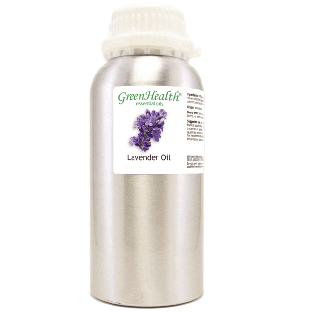 Lavender Essential Oil - 16 fl oz (473 ml) aluminum bottle with plug cap by GreenHealth. The therapeutic-grade essential oil is packaged in a sleek silver aluminum container with a white cap and features a label displaying lavender flowers and product details. Ideal for aromatherapy, diffusers, and spa use.