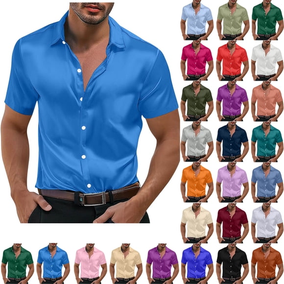 Yuyuzo Mens Satin Dress Shirts Plus Size Casual Short Sleeve Button down Shirts Summer Party Prom Wedding Blouses