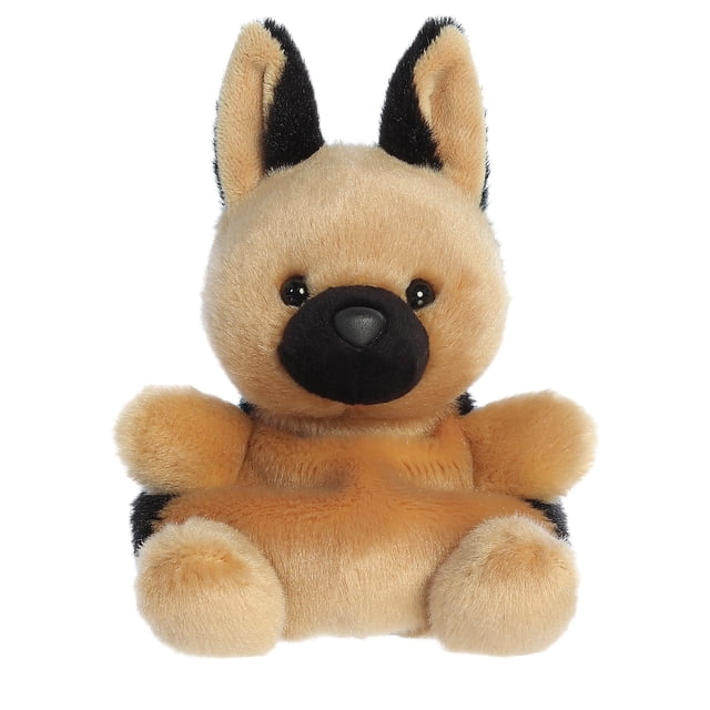 Aurora Palm Pals - Hans German Shepherd 5-inch plush toy featuring a soft, golden tan coat with black-tipped ears and a round black nose. This cuddly stuffed animal is designed with high-quality materials for a fluffy touch and includes bean pellets for added stability. Compact and suitable for all ages, Hans is part of the #palmpalsparty collection.