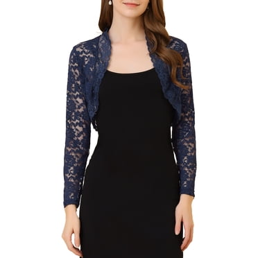 INSPIRE CHIC Women's Floral Lace Sheer Open Front Bolero Shrug Cropped Cardigan L Dark Blue