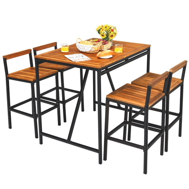 Patiojoy 5PCS Patio Rattan Bar Set with Umbrella Hole Wood High-Dining Bistro Set with 4 Bar Stools for Poolside&Garden
