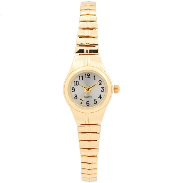 Montre-bracelet à Quartz Ton Or pour Femme avec Bracelet Extensible Ton Or Poli et Cadran Ton Argent Comprenant des Chiffres Noirs Arabes et des Aiguilles Dorées. le Boîtier Or 20 mm Comprend un Mouvement à Quartz et une Pile, Convient au Port Quotidien et Formel.
