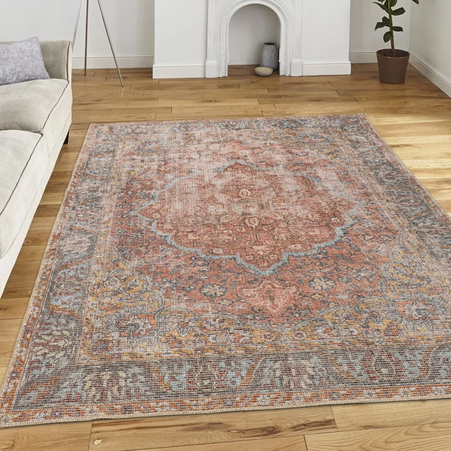 LaDole Rugs 8x10 Living Room Large Premium Cotton Washable Area Rug | Traditional Home Decor Boho Carpet For Living Room, Bedroom, Dining Floor |Terra Red Blue