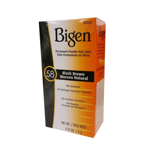 Bigen Permanent Hair Colour Powder in shade 58 Black Brown Moreno Natural, ammonia and hydrogen peroxide free hair dye powder for 100% grey coverage and natural hair colour enhancement, in a 6g orange and black box with bilingual English and Spanish text.