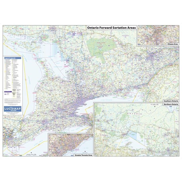 Lucidmap: Ontario Postcode (FSAs) Wall Map - Large - 50.75 x 38.25 inch Poster - Front Lamination. This detailed map highlights Ontario's forward sortation areas (FSAs), political boundaries, place names, highways, major parks, and points of interest. Designed in a traditional Canadian street map style, it features a glossy laminated finish for durability and compatibility with dry erase markers. The map measures 50 x 37.5 inches and is rolled in a sturdy tube for secure shipping.