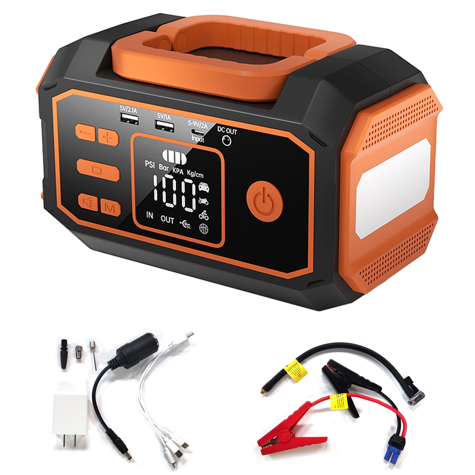 TFixol 4-in-1 Portable Car Jump Starter with Built-in Air Compressor, PD Fast Charger, and LED Light for Emergency Use, Compatible with 12V Vehicles, Bikes, and Smart Devices