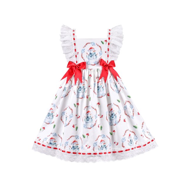 Robe Fille Blanche Snowman Cerise Imprimée Nœud Papillon Dentelle Rouge Blanc 4 Ans