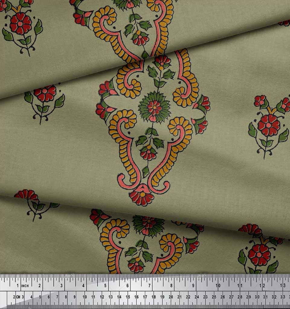 Soimoi Modal Satin Fabric Leaves & Floral Block Fabric Prints by Yard 42 Inch Wide