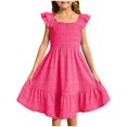 thumbnail image 1 of XIMIN Robes Décontractées pour Filles, Robe Midi à Encolure Carrée Froncée avec Manches à Volants et Poches, Sans Manches, Fluide, Robe d'Été pour la Plage, les Vacances et le Quotidien (Rose Vif, 13-14 Ans), 1 of 5