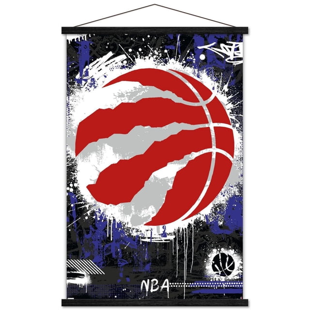 NBA Toronto Raptors - Maximalist Logo 23 Wall Poster, 22.375" x 34", depicting a red basketball with silver claw marks on a black, white, and blue graffiti-style background with paint splatters and drips, perfect for NBA fan room or dorm decor.