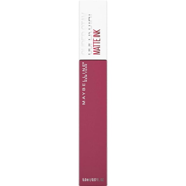 Maybelline New York Superstay Matte Ink™ Long-Lasting Lipstick, 5ml, in a rectangular tube with a white cap and deep rose matte liquid lipstick body, featuring precise arrow applicator design and branding, ideal for up to 16-hour wear and suitable for precise lip contouring.