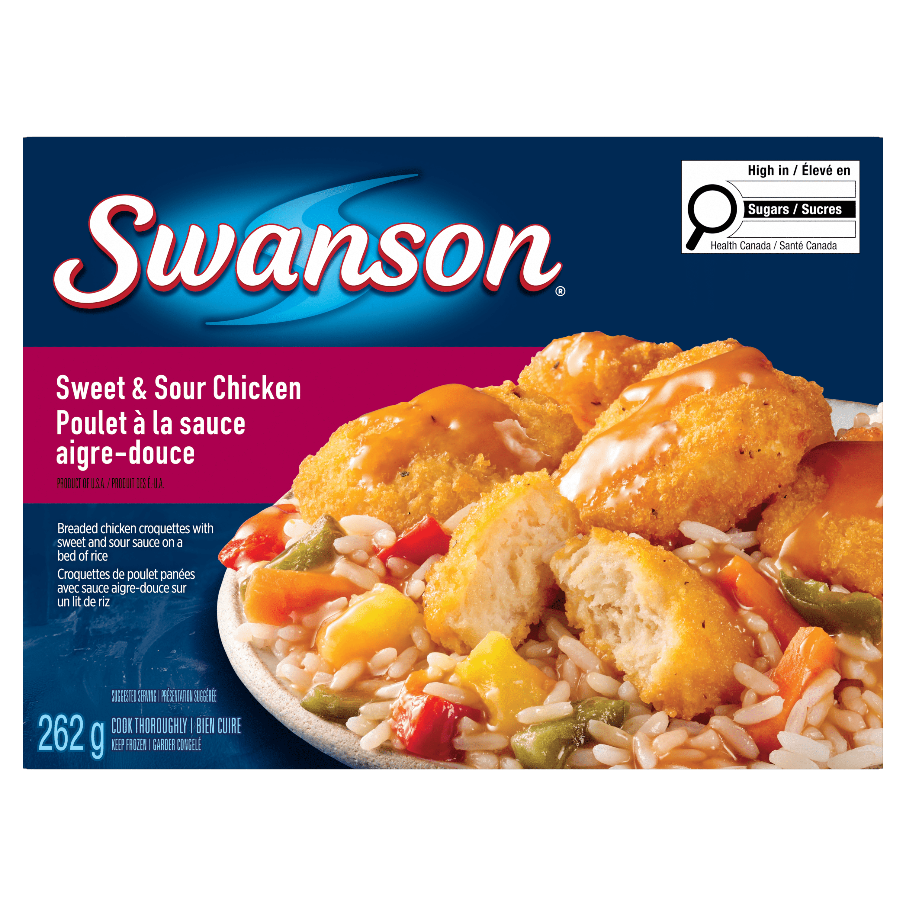 Swanson Poulet à la sauce aigre-douce, Croquettes de poulet panées avec sauce aigre-douce sur un lit de riz Poulet à la sauce aigre-douce, 262g