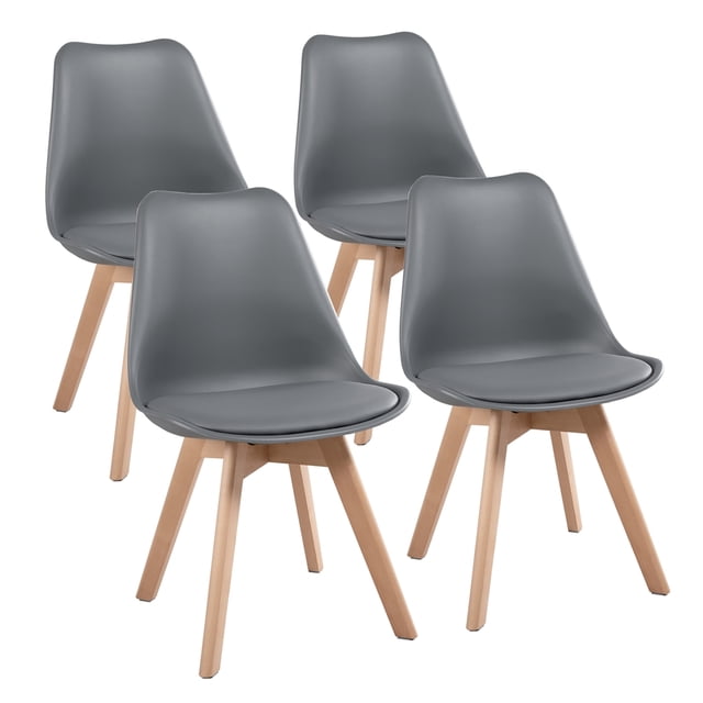 CHZ033 - (Set of 4) Nordic Household Back Eames Chair in grey with a PU leather and plastic surface, soft-packed seat, and ergonomic backrest. Supported by solid wood legs, these dining chairs feature a modern Nordic design, perfect for dining seating in homes, cafés, hotels, and conference rooms.