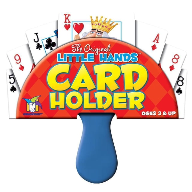 Gamewright Little Hands Playing Card Holder with a blue plastic handle and red semi-circular paddle displaying the product name in yellow and blue text, holding multiple playing cards including king of hearts, jack of clubs, and ace of diamonds, suitable for children ages 3 and up and ideal for helping young players hold cards during games.
