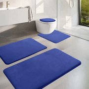 Bathroom Rugs Mat 4 Set, Xinsrenus Extra Soft Water Absorbent Velvet Fleece Foam Bath Rugs, Non-Slip Rubber Backing Machine Washable Quick Dry Thick Bath Mats for Bathroom Floor Tub Shower, Blue