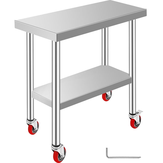 VEVOR table de Travail en Acier Inoxydable 30x12x34 Pouces avec Tablette Réglable à 3 Niveaux et Quatre Roulettes, Deux avec Freins. Conçue pour une Utilisation Robuste, Elle Présente une surface Lisse en Acier Inoxydable durable Non Magnétique pour un Nettoyage Facile, et une Liaison Triangulaire Renforcée pour la Stabilité. Idéale comme Établi à Outils, Poste de Préparation de Cuisine Ou solution de Rangement Ajustable pour les applications Commerciales et Domestiques.