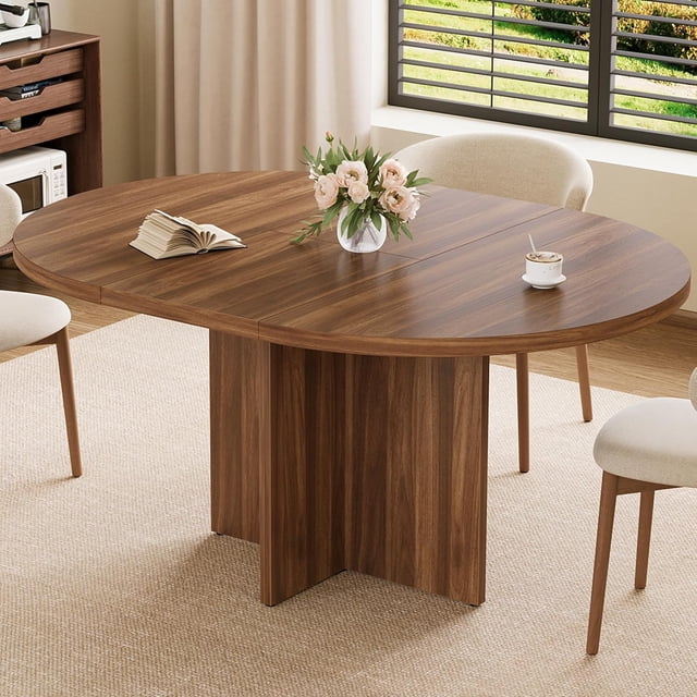 43.3"-59" Extendable Dining Table for 4-8, Round to Oval Kitchen Table with Hidden Storage & Sturdy Cross Base, Modern Dinner Table for Dining Room Living Room, Removable Leaves, Walnut