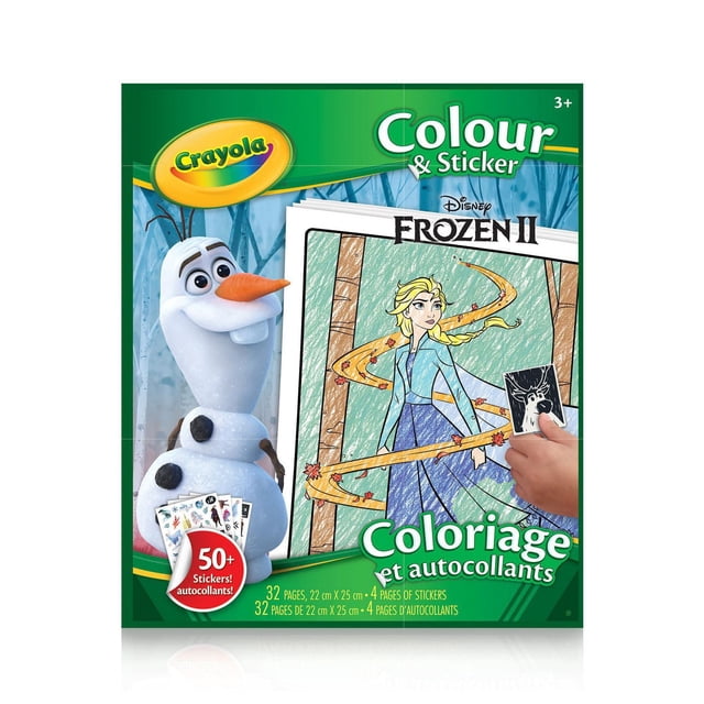 Crayola Colour & Sticker Disney Frozen colouring book with 32 pages and over 50 stickers, showing a hand applying a sticker to a coloured page of Elsa surrounded by autumn leaves, with Olaf the snowman on the cover, suitable for creative arts and crafts activities.
