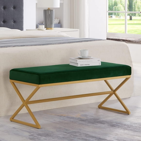 Velvet Entryway Bench with Metal Leg Padded Bedroom Bench Seat Cushion with Golden Metal X-Legs -Jade