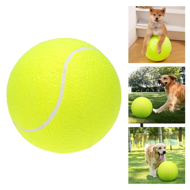 2025 Interactive Training Tennis Toy for Dogs, an oversized, inflatable rubber tennis ball designed for outdoor pet activities and dog birthday celebrations. The bright yellow ball is shown in various settings, including playful interactions with dogs of different sizes. Promotes physical exercise and strengthens owner-pet bonds.